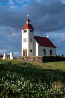 Church in the evening light, Möðrudalur, Icelandic Highlands, Iceland, Europe