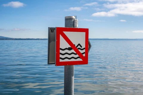 Prohibition sign with pictogram for bathing prohibition on the shore of Lake Constance, Canton