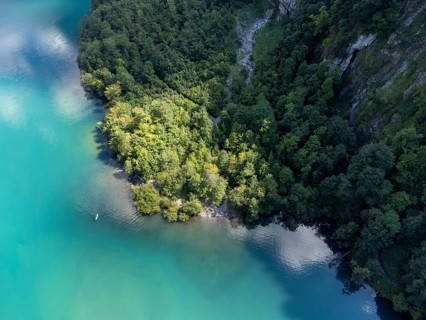 Bay on the south shore of Lake Klöntal, Klöntal, Canton Glarus, Switzerland, Europe
