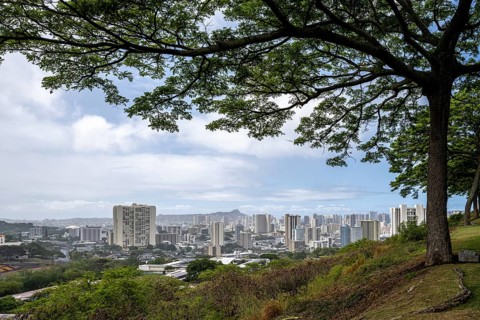 View of Honolulu from the National Memorial Cemetery of the Pacific, Honolulu, Oahu, Hawaii, USA,