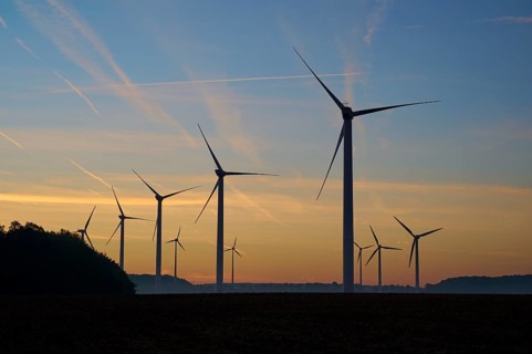 Wind turbines at dawn in the morning, Wertheim, Baden-Württemberg, Germany, Europe