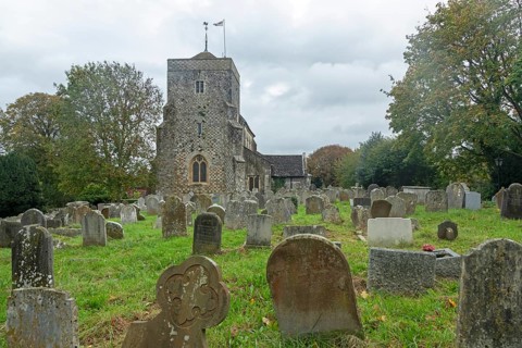 Church, old gravestones, cemetery, Steyning, West Sussex, England, Great Britain