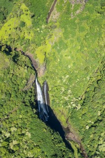 Aerial view Manawaiopuna Falls (Jurassic Park Falls), Kauai, Hawaii, USA, North America