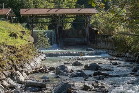 Mountain river Partnach, weir, Wetterstein mountains, Garmisch-Partenkirchen, Bavaria, Upper