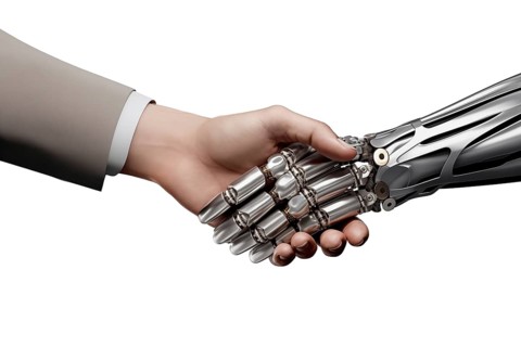 Handshake between a human hand and a robot metallic hand. The image symbolizes partnership, trust,