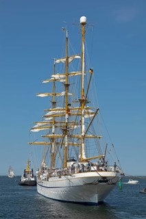 Sailing ship Gorch Fock docks, Unterwarnow, Hanse Sail, Warnemünde, Rostock, Mecklenburg-Western