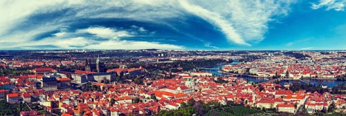 Vintage retro hipster style travel image of aerial panorama of Hradchany: the Saint Vitus (St.
