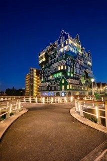 ZAANDAM, NETHERLANDS, MAY 8, 2017: Inntel Hotel in Zaandam illuminated at night. Design of