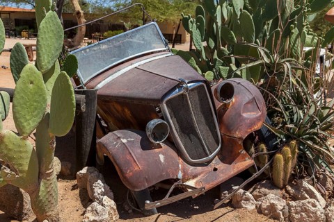 Wreck of a classic car in the desert, Solitaire, Khomas Region, Namibia, Africa