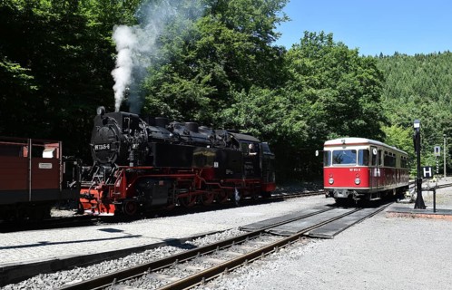 Steam locomotive of the Harz narrow gauge railway and rail bus, railcar in the Harz mountains,