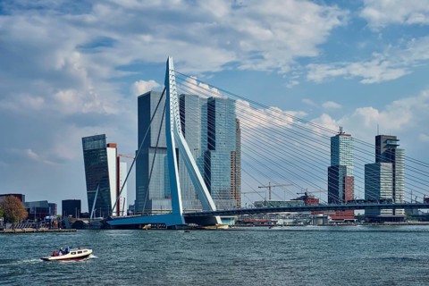 ROTTERDAM, THE NETHERLANDS, MAY 11, 2017: View of Rotterdam sityscape with Erasmusbrug bridge over