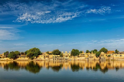 Indian tourist landmark Gadi Sagar, artificial lake. Jaisalmer, Rajasthan, India, Asia