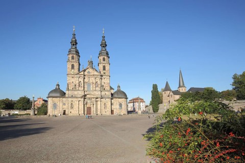 Cathedral square with baroque St. Salvator's Cathedral and St. Michael's Church, Fulda, Hesse,