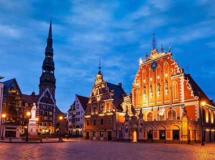 Riga Town Hall Square, House of the Blackheads, St. Roland Statue and St. Peter's Church