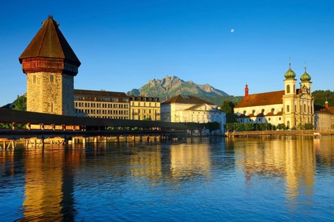 Chapel Bridge with Pilatus, City of Lucerne, Switzerland, Europe