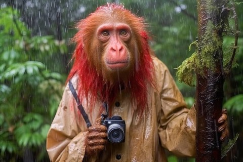 Red Uakari monkey wearing a raincoat and holding a camera in the rainforest, AI Generated