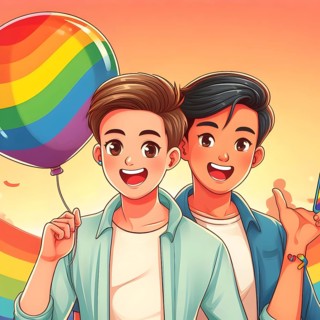 LGBT concept gay couple holds pride rainbow flag and balloons. AI generated