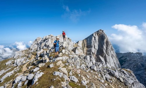 Mountaineer on a rocky mountain path, mountain tour to the summit of the Hochkalter, Hochkalter