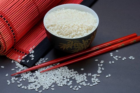 Rice, white rice in bowl with chopsticks