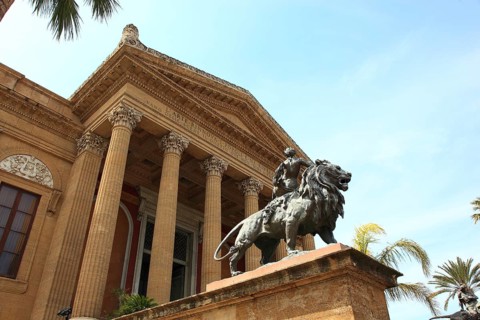 Old town of Palermo, lion sculptures in front of the Teatro Massimo, the historicist opera house on