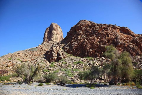 Wadi near Al Hamra with Colemans Rock, Oman, Asia
