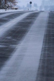 Winter time, snow drift over road, Saxony, Germany, Europe