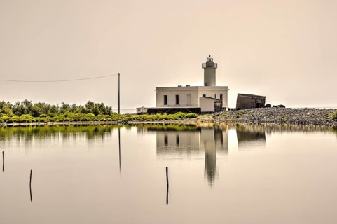 Faro di Punta Lingua, lighthouse, white sky, water reflection, Oasi naturale, Ex-Salina di Lingua,