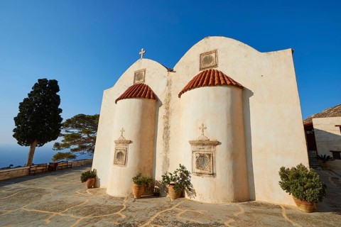 Super wide angle, Two-nave chapel, Red tiled roofs, Cloudless blue sky, Tree, Preveli, Orthodox