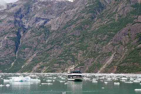 Small boat in front of high mountains and ice floes of a glacier calving into the sea, Tracy Arm