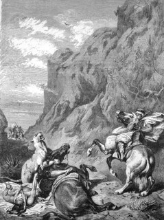Cougar attacks two Arab horsemen, 1868, Arabia, Historic, digitally restored reproduction of an