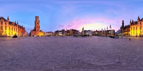 360 spherical panorama of Brugge Grote Markt square with famous tourist attraction Belfry and