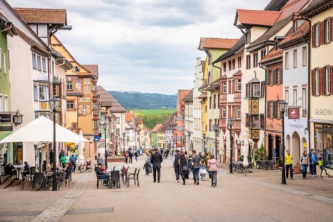 Lively historic alleyway lane in Germany's oldest town, Rottweil, Germany, Europe
