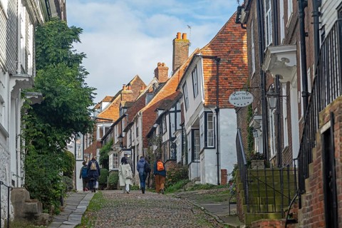 Paved Mermaid Street, Rye, East Sussex, England, United Kingdom, Europe