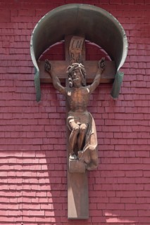 Wooden Jesus cross on a shingle wall, Nesselwang (Ostallgäu), Bavaria, Germany, Europe