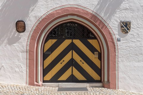 Entrance gate to the historic town hall, 14th century and 1540, Zeil am Main, Lower Franconia,