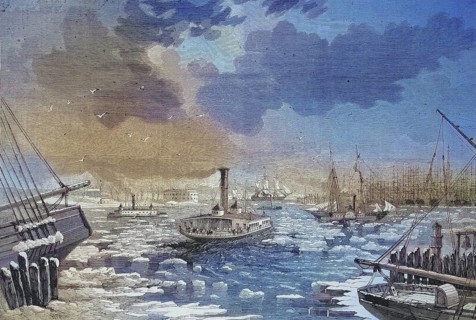Pack ice obstructs shipping traffic in New York harbour in 1869, America, Historic, digitally