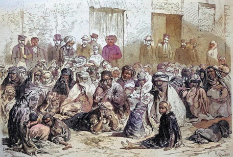 The inhabitants of Setif distributing food to Arab woman and children, 1869, Algeria, Historical,