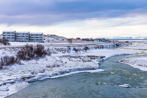 The glacier river Blanda with snowy and icy banks, Blöndous municipality, Northern Iceland Vestra,
