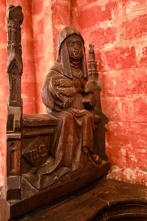 Carved wooden figures on Gothic choir stalls, Nikolaikirche Hanseatic City of Wismar,