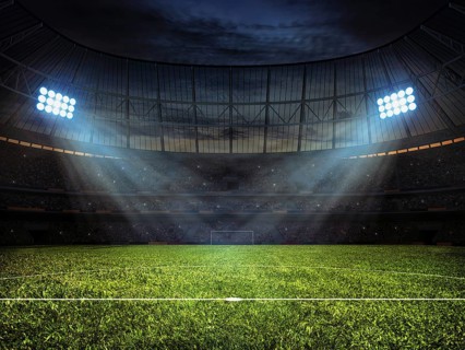 Sport concept background, soccer footbal stadium with floodlights. Grass football pitch with mark
