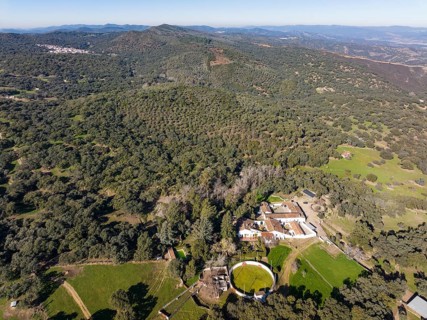 Country estate with own bullring in the Sierra de Aracena. aerial view, drone shot, Huelva