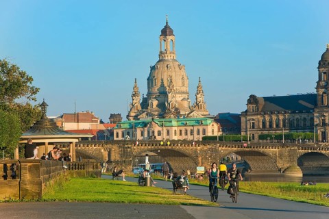 Dresden Silhouette View from Neustätter Elbufer to Dresden Old Town
