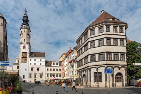Old Town Hall Clock Tower and Lower Market Square, Untermarkt, Görlitz, Goerlitz, Germany, Europe
