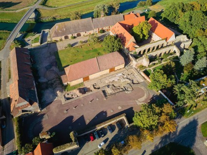 Aerial view of Memleben Monastery and presumed imperial palace, Memleben, Saxony-Anhalt, Germany,