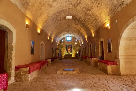 Tunnel vault, stone floor, pictures, Arkadi, Orthodox Monastery, National Monument, Rethimnon