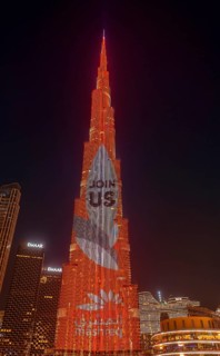 Night shot, illuminated advertising at the Burj Khalifa, Downtown, Dubai, United Arab Emirates,