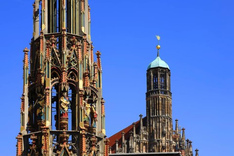 Beautiful fountain on the main market square, Nuremberg, Middle Franconia, Bavaria, Germany, Europe