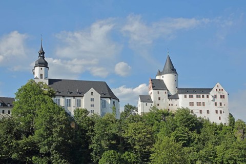 View of two landmarks with baroque St. Georgen church and castle, Schwarzenberg, Westerzgebirge,