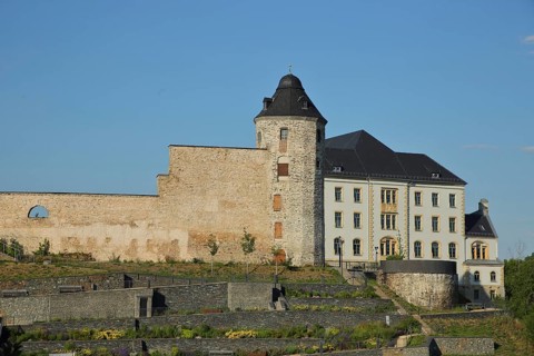 Tower of the castle with city fortifications and building of the university of cooperative