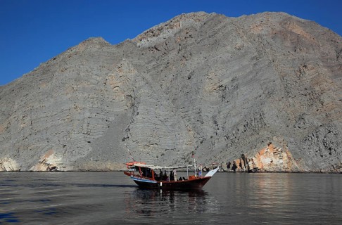 Dhow in the bays of Musandam, Shimm Strait, in the Omani enclave of Musandam, Oman, Asia
